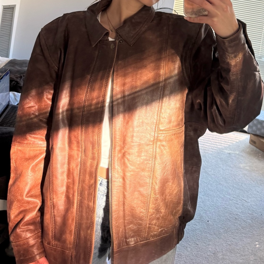 SOLD Brown Leather Bomber Jacket